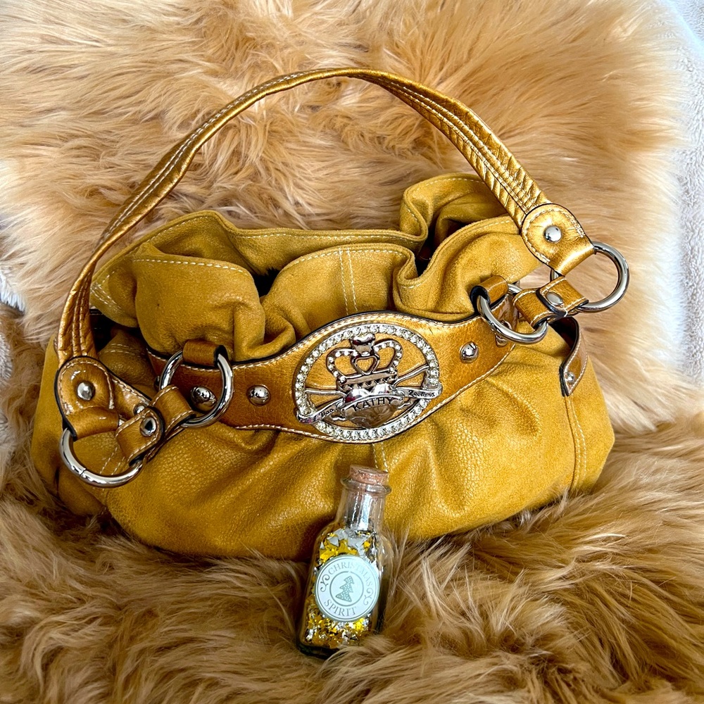 KATHY VAN ZEELAND Silver Logo Golden Faux Leather Hobo Purse